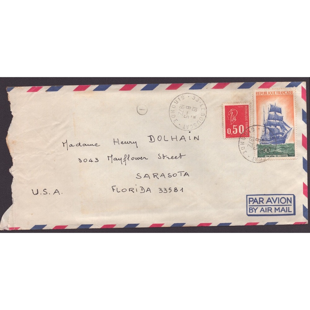 Vintage 1972 France to USA Air Mail Envelope French Republic Stamps Le Bouscat - Picture 1 of 2
